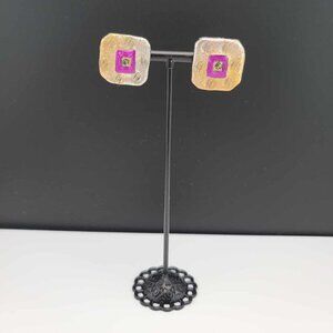 Hand painted gold and purple leather earrings. EUC